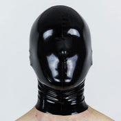 Latex rubber cut-and-glued accessories mask hood bdsm-hood bondage-hood back-zip zipper anatomical microperforated micro-perforated shiny glossy fetish fashion alt-fashion bdsm bondage restraint depersonalization submissive kink kinky kinky-wear male masculine masc mens menswear guys dudes gay female femme feminine womens black