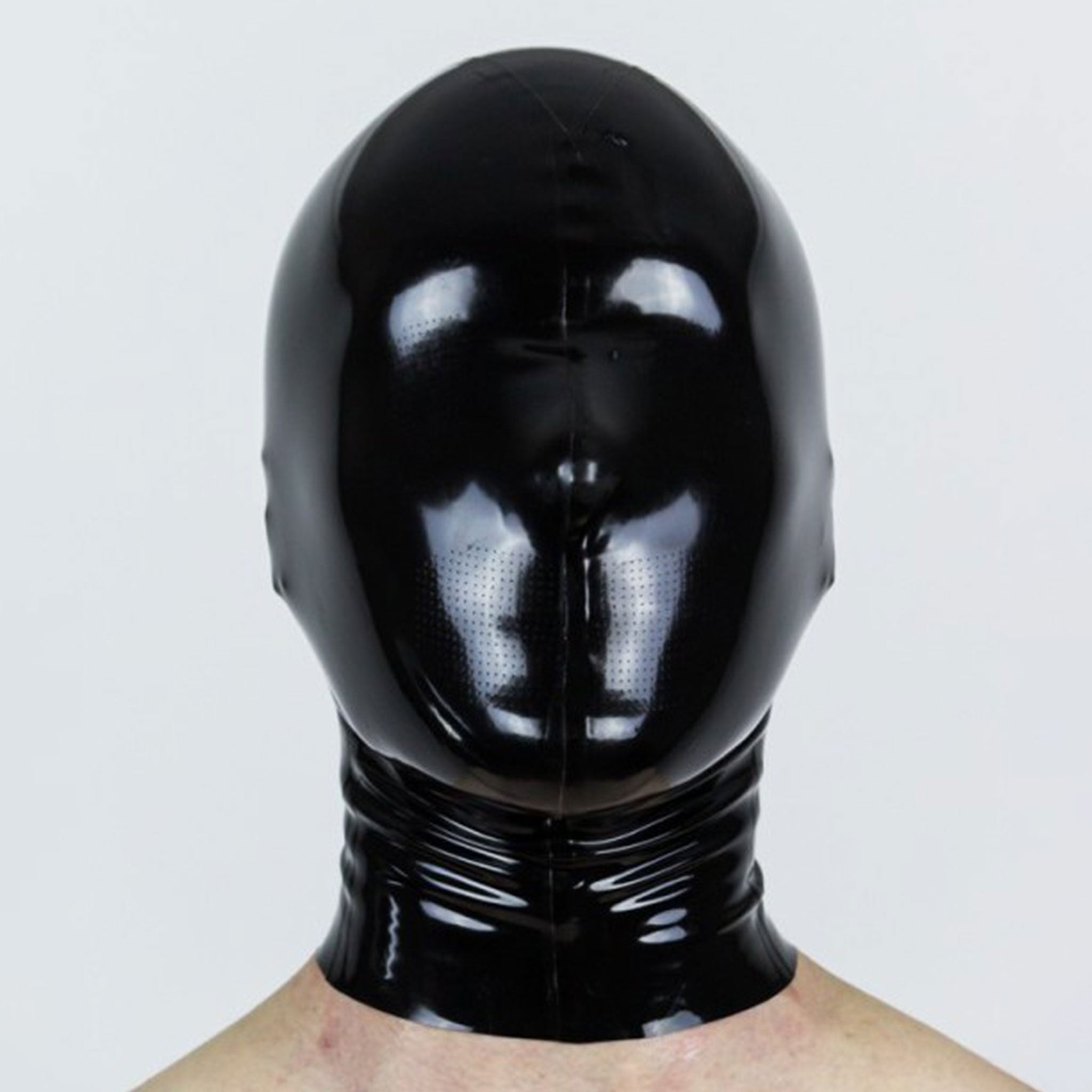 Latex rubber cut-and-glued accessories mask hood bdsm-hood bondage-hood back-zip zipper anatomical microperforated micro-perforated shiny glossy fetish fashion alt-fashion bdsm bondage restraint depersonalization submissive kink kinky kinky-wear male masculine masc mens menswear guys dudes gay female femme feminine womens black