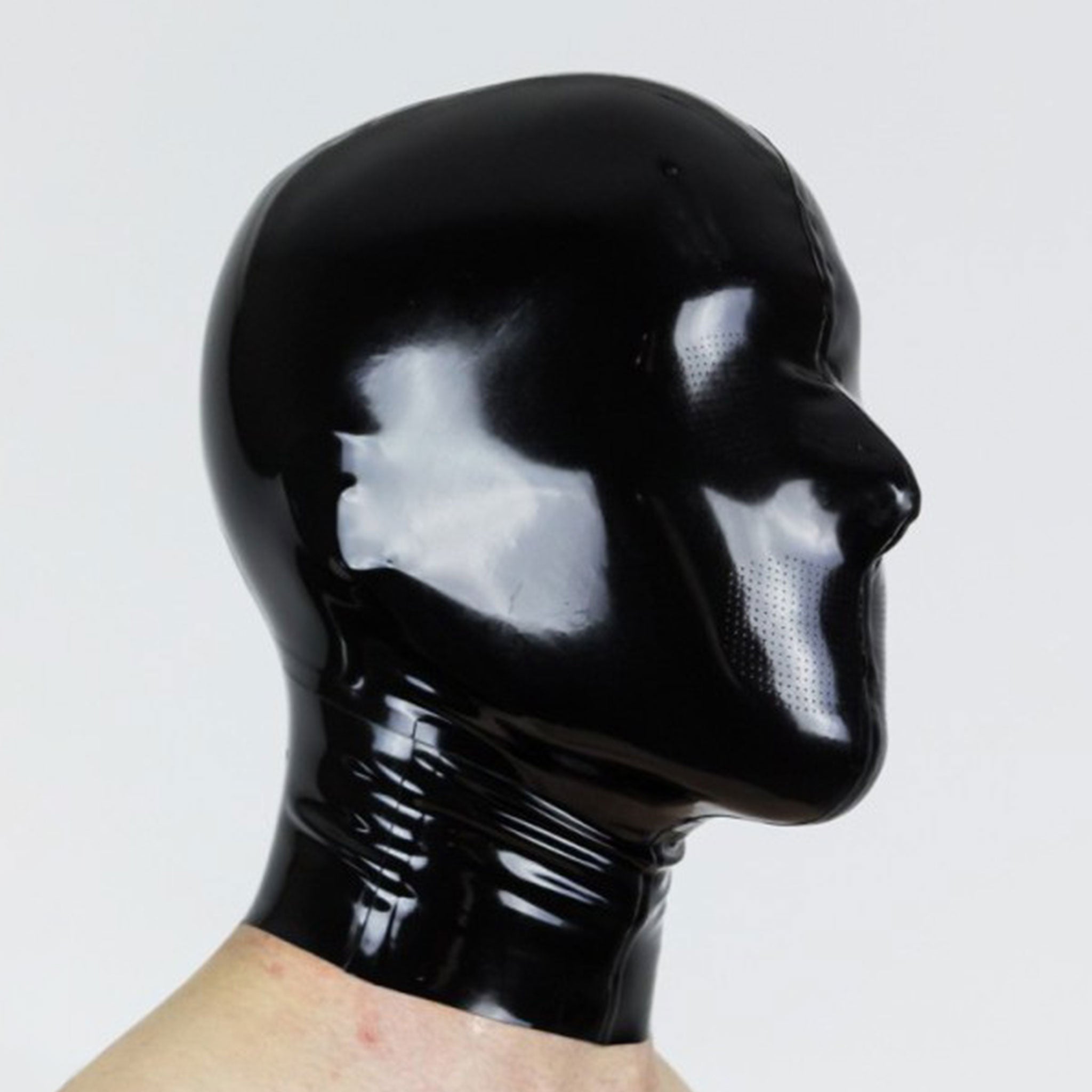 Latex rubber cut-and-glued accessories mask hood bdsm-hood bondage-hood back-zip zipper anatomical microperforated micro-perforated shiny glossy fetish fashion alt-fashion bdsm bondage restraint depersonalization submissive kink kinky kinky-wear male masculine masc mens menswear guys dudes gay female femme feminine womens black
