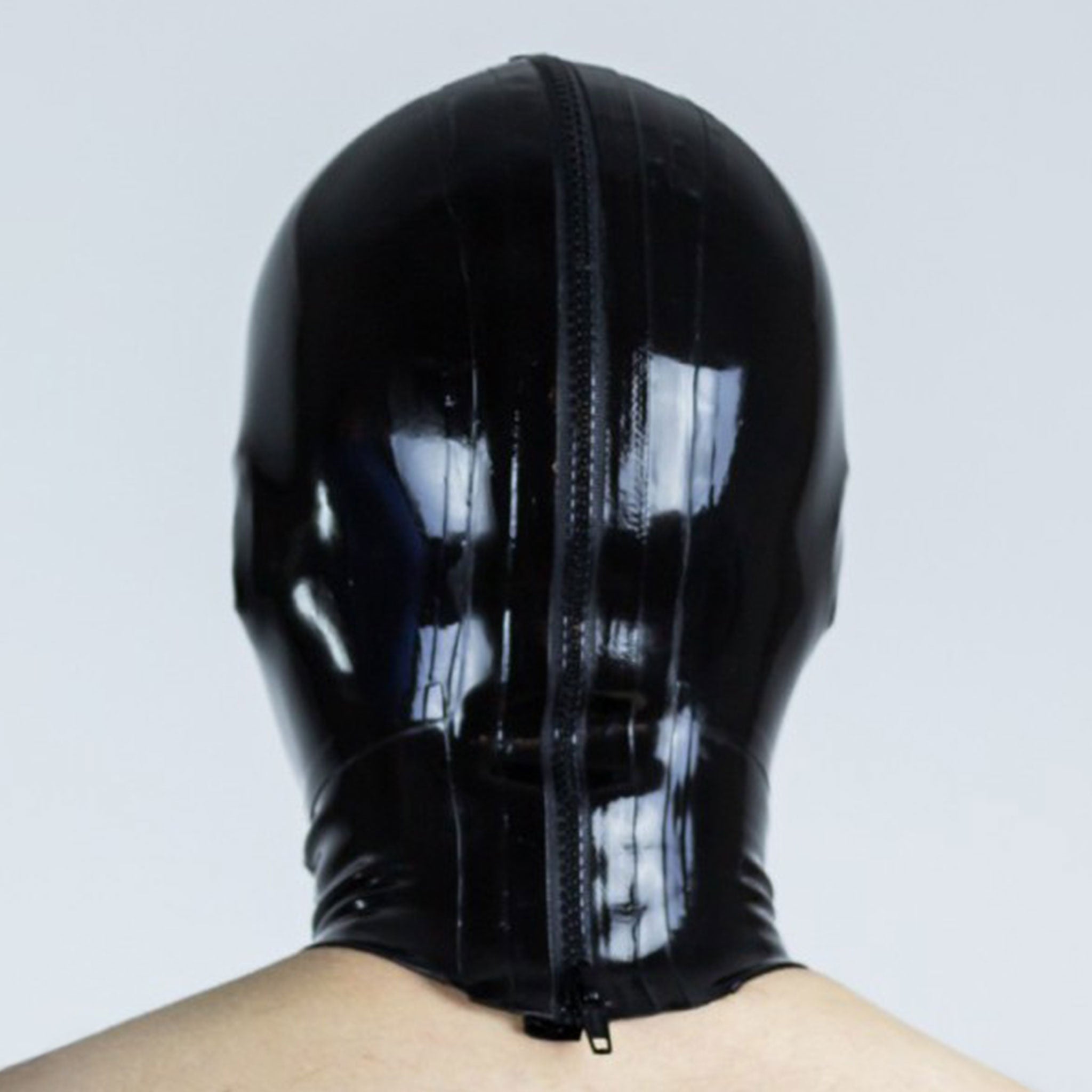 Latex rubber cut-and-glued accessories mask hood bdsm-hood bondage-hood back-zip zipper anatomical microperforated micro-perforated shiny glossy fetish fashion alt-fashion bdsm bondage restraint depersonalization submissive kink kinky kinky-wear male masculine masc mens menswear guys dudes gay female femme feminine womens black