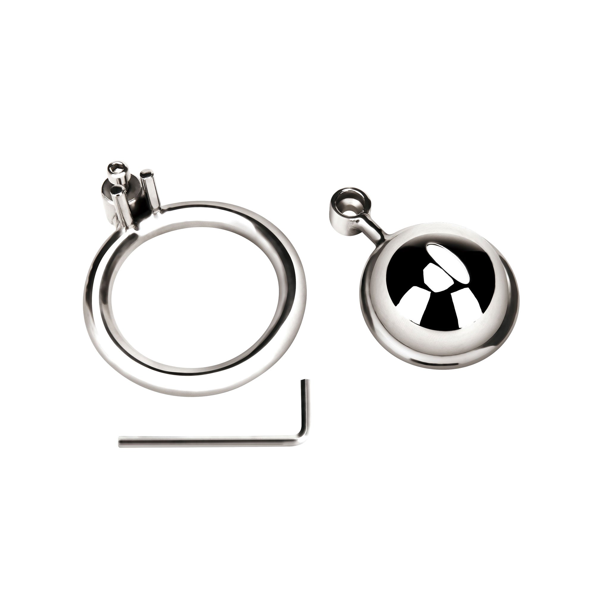Stainless-steel accessories chastity-cage male-chastity micro round rounded-top bubble-cage allen-key padlock locking lockable breathability comfortable longterm-wear prolonged-wear discreet fetish fashion alt-fashion alternative bedroom dungeon bondage bdsm bdsm-toys bdsm-gear kink kinky kinky-play kinky-toys sub submissive restraint denial adult-toys male masculine masc mens menswear guys dudes silver