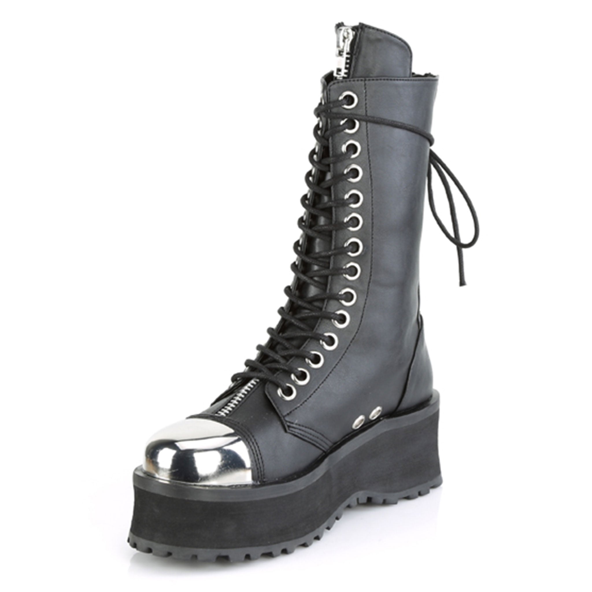 Vegan-leather synthetic footwear shoes boot mid-calf combat-boots platform platform-outsole round-toe toe-cap chrome-toe heel-zip back-zip zipper zipper-tongue ventilation-holes laceup lace-up lace-front adjustable edgy commanding fetish fashion punk rock alt-fashion cyber cyberpunk cyber-punk male masculine masc mens dudes guys black silver
