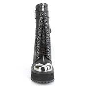 Vegan-leather synthetic footwear shoes boot mid-calf combat-boots platform platform-outsole round-toe toe-cap chrome-toe heel-zip back-zip zipper zipper-tongue ventilation-holes laceup lace-up lace-front adjustable edgy commanding fetish fashion punk rock alt-fashion cyber cyberpunk cyber-punk male masculine masc mens dudes guys black silver