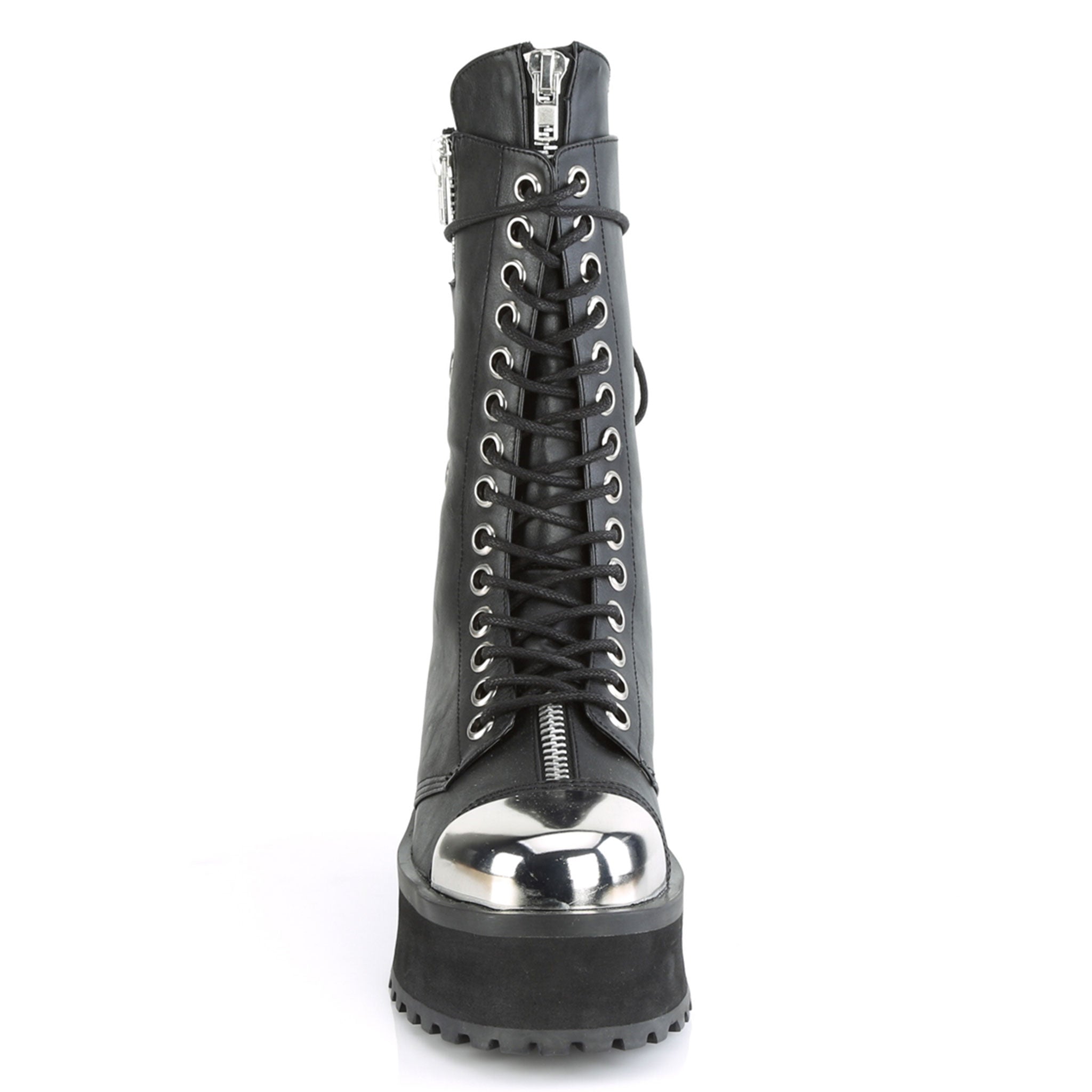 Vegan-leather synthetic footwear shoes boot mid-calf combat-boots platform platform-outsole round-toe toe-cap chrome-toe heel-zip back-zip zipper zipper-tongue ventilation-holes laceup lace-up lace-front adjustable edgy commanding fetish fashion punk rock alt-fashion cyber cyberpunk cyber-punk male masculine masc mens dudes guys black silver