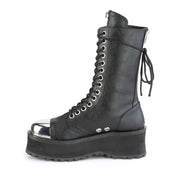 Vegan-leather synthetic footwear shoes boot mid-calf combat-boots platform platform-outsole round-toe toe-cap chrome-toe heel-zip back-zip zipper zipper-tongue ventilation-holes laceup lace-up lace-front adjustable edgy commanding fetish fashion punk rock alt-fashion cyber cyberpunk cyber-punk male masculine masc mens dudes guys black silver