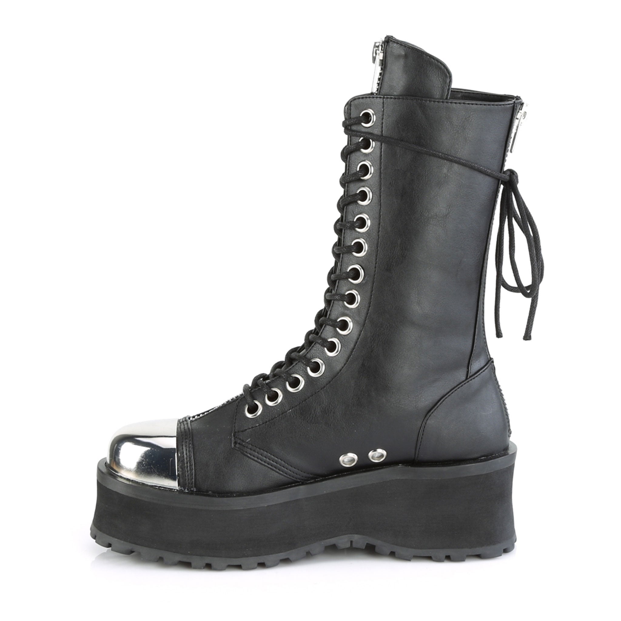 Vegan-leather synthetic footwear shoes boot mid-calf combat-boots platform platform-outsole round-toe toe-cap chrome-toe heel-zip back-zip zipper zipper-tongue ventilation-holes laceup lace-up lace-front adjustable edgy commanding fetish fashion punk rock alt-fashion cyber cyberpunk cyber-punk male masculine masc mens dudes guys black silver