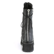 Vegan-leather synthetic footwear shoes boot mid-calf combat-boots platform platform-outsole round-toe toe-cap chrome-toe heel-zip back-zip zipper zipper-tongue ventilation-holes laceup lace-up lace-front adjustable edgy commanding fetish fashion punk rock alt-fashion cyber cyberpunk cyber-punk male masculine masc mens dudes guys black silver