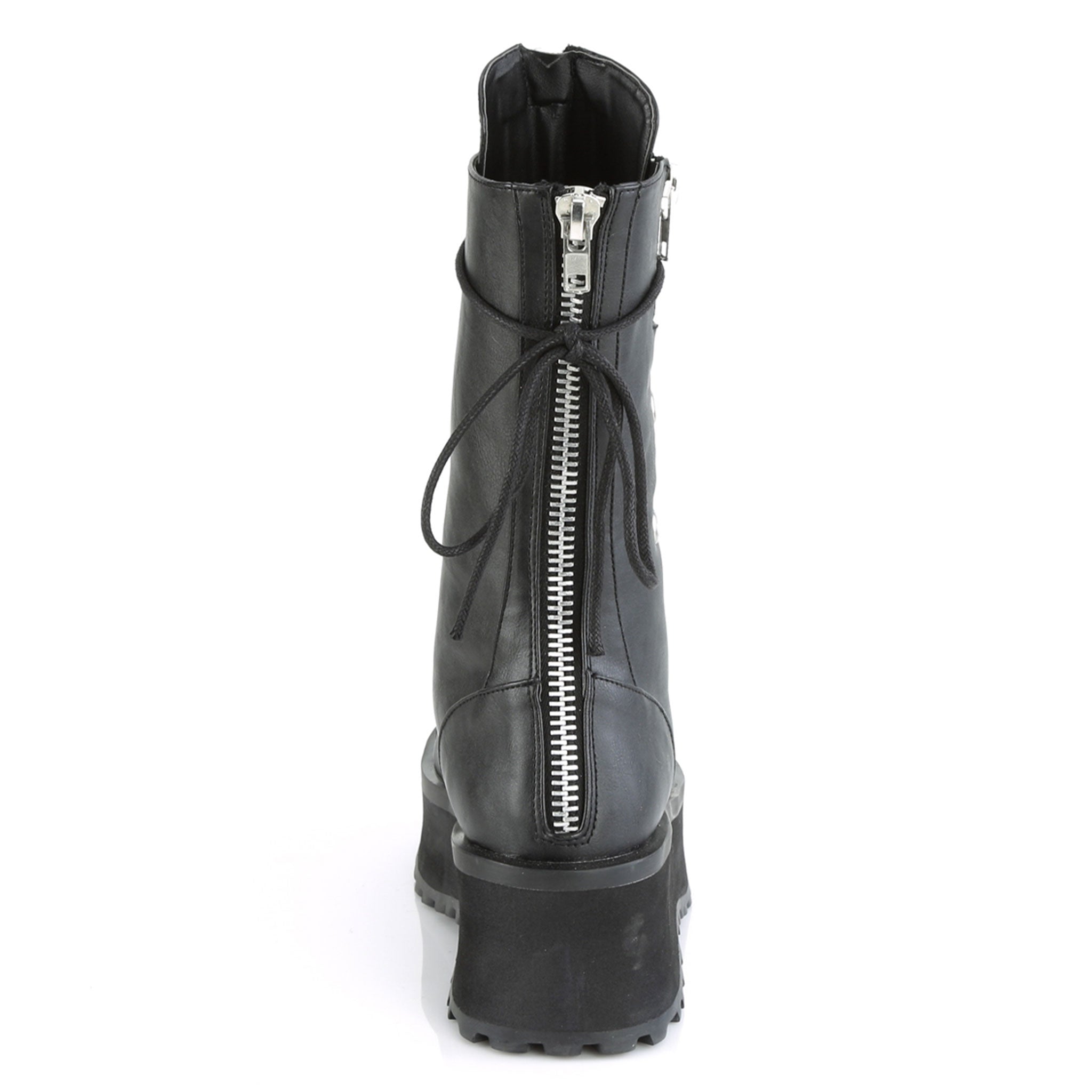Vegan-leather synthetic footwear shoes boot mid-calf combat-boots platform platform-outsole round-toe toe-cap chrome-toe heel-zip back-zip zipper zipper-tongue ventilation-holes laceup lace-up lace-front adjustable edgy commanding fetish fashion punk rock alt-fashion cyber cyberpunk cyber-punk male masculine masc mens dudes guys black silver