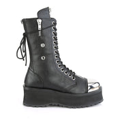 Vegan-leather synthetic footwear shoes boot mid-calf combat-boots platform platform-outsole round-toe toe-cap chrome-toe heel-zip back-zip zipper zipper-tongue ventilation-holes laceup lace-up lace-front adjustable edgy commanding fetish fashion punk rock alt-fashion cyber cyberpunk cyber-punk male masculine masc mens dudes guys black silver