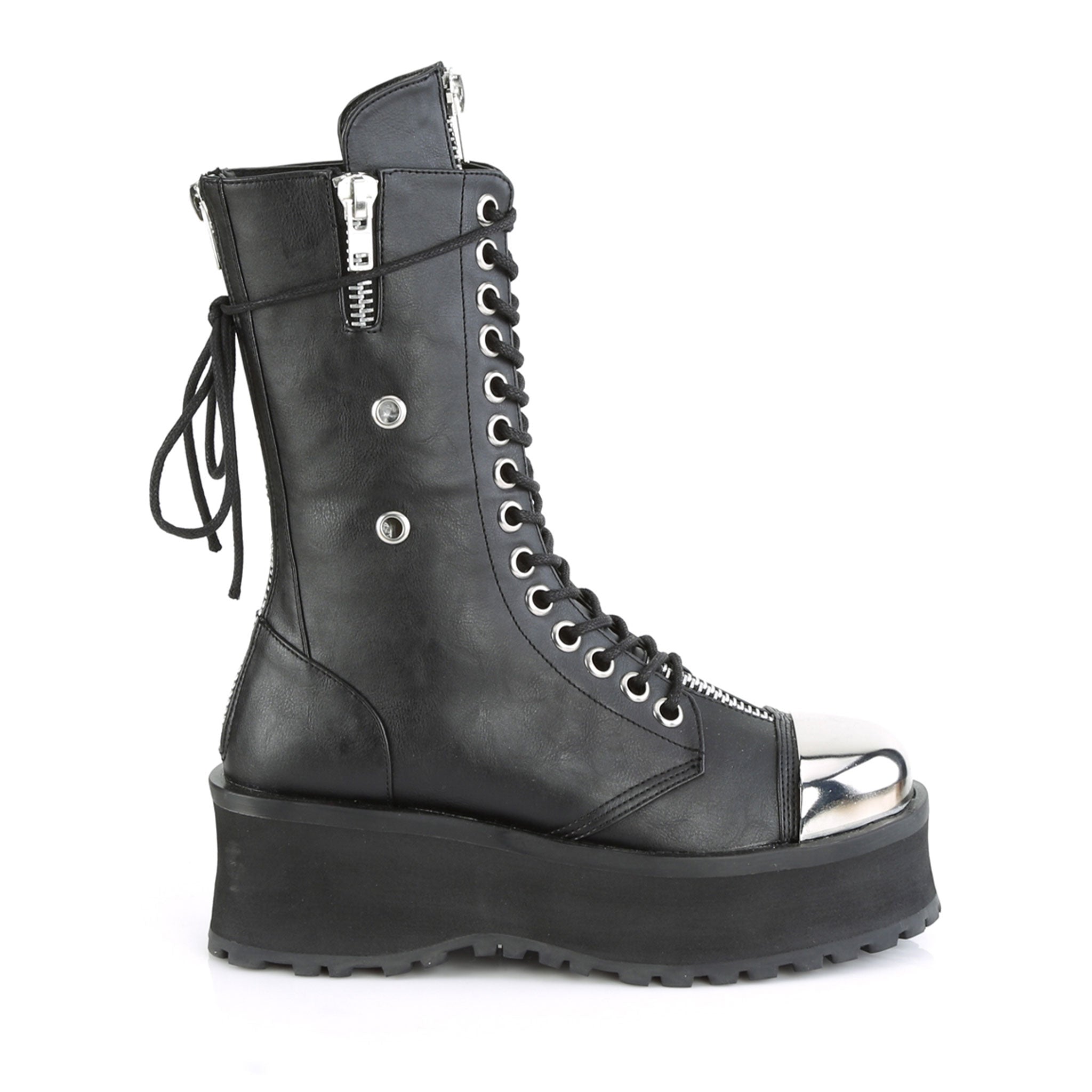 Vegan-leather synthetic footwear shoes boot mid-calf combat-boots platform platform-outsole round-toe toe-cap chrome-toe heel-zip back-zip zipper zipper-tongue ventilation-holes laceup lace-up lace-front adjustable edgy commanding fetish fashion punk rock alt-fashion cyber cyberpunk cyber-punk male masculine masc mens dudes guys black silver