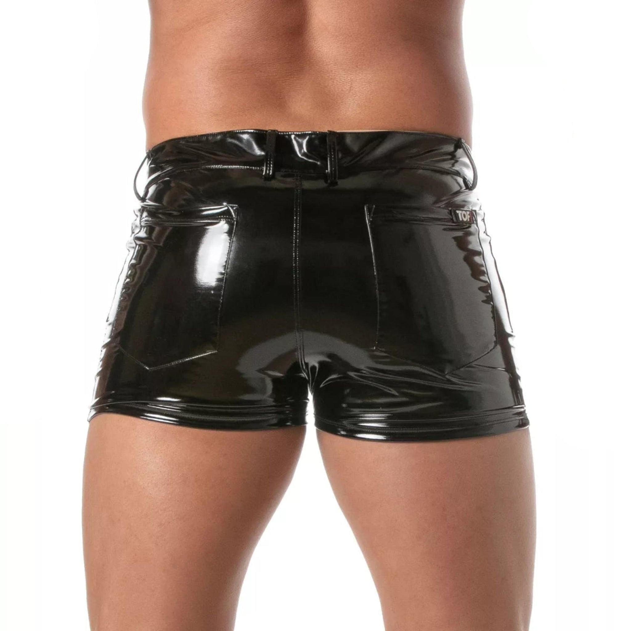 Black mid-thigh vinyl shorts with a glossy wetlook finish, low-rise fit, zip fly, and 5-pocket design.