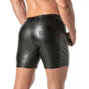 Black faux leather wetlook shorts, low-rise fit with suede lining, zip fly, and 4 pockets for a stylish fetish look.