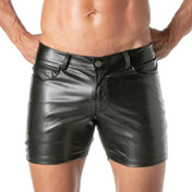Leather faux-leather suede suede-lining wetlook polyester polyurethane apparel bottoms shorts mid-thigh midthigh pockets front-zip zipper-fly zipper low-rise slimfit slim-fit functional-pockets belt-loops stylish comfortable comfort edgy bold sexy fetish fashion alt-fashion punk male masc masculine mens menswear guys dudes lgbtq gay pride black