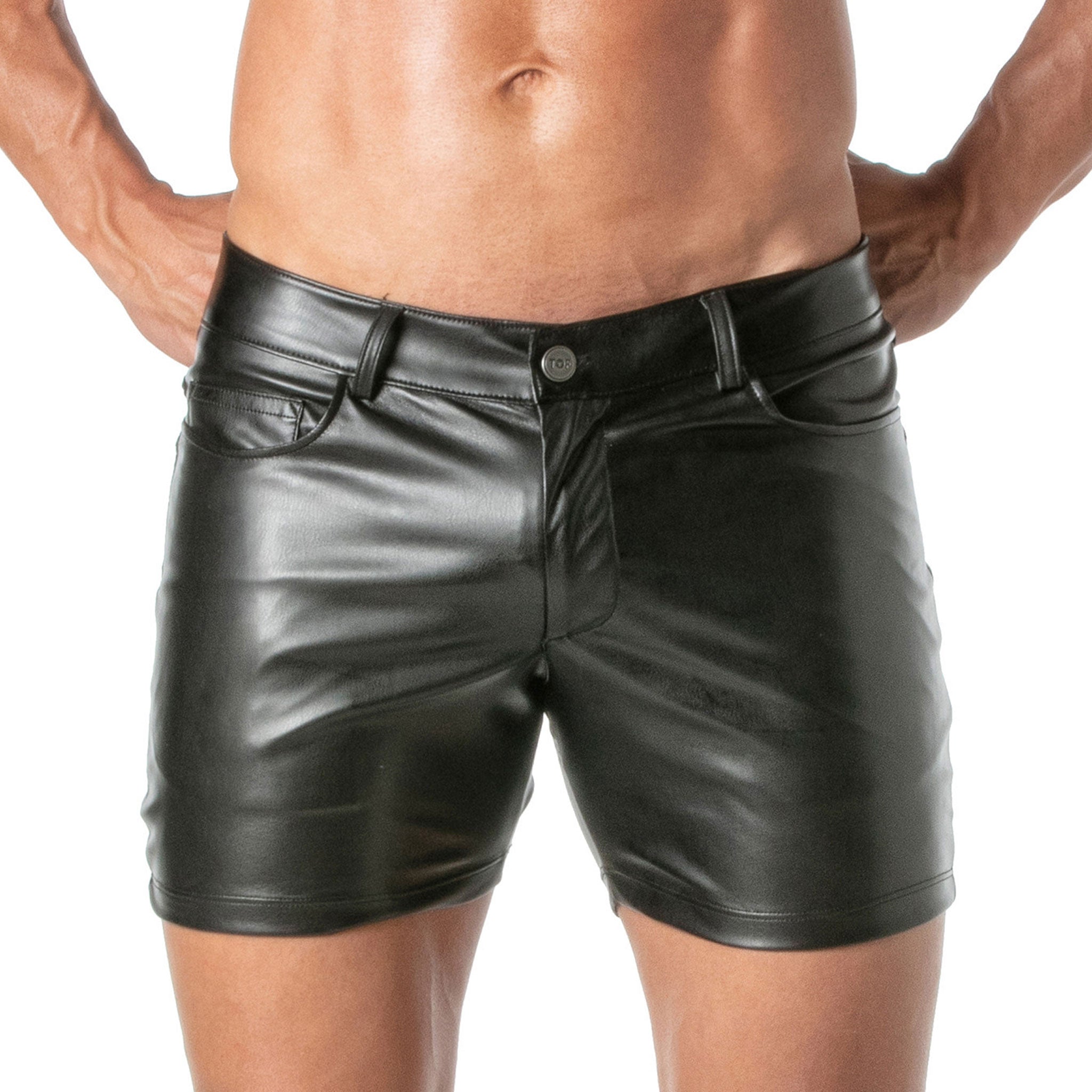 Leather faux-leather suede suede-lining wetlook polyester polyurethane apparel bottoms shorts mid-thigh midthigh pockets front-zip zipper-fly zipper low-rise slimfit slim-fit functional-pockets belt-loops stylish comfortable comfort edgy bold sexy fetish fashion alt-fashion punk male masc masculine mens menswear guys dudes lgbtq gay pride black