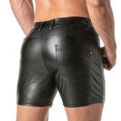 Leather faux-leather suede suede-lining wetlook polyester polyurethane apparel bottoms shorts mid-thigh midthigh pockets front-zip zipper-fly zipper low-rise slimfit slim-fit functional-pockets belt-loops stylish comfortable comfort edgy bold sexy fetish fashion alt-fashion punk male masc masculine mens menswear guys dudes lgbtq gay pride black