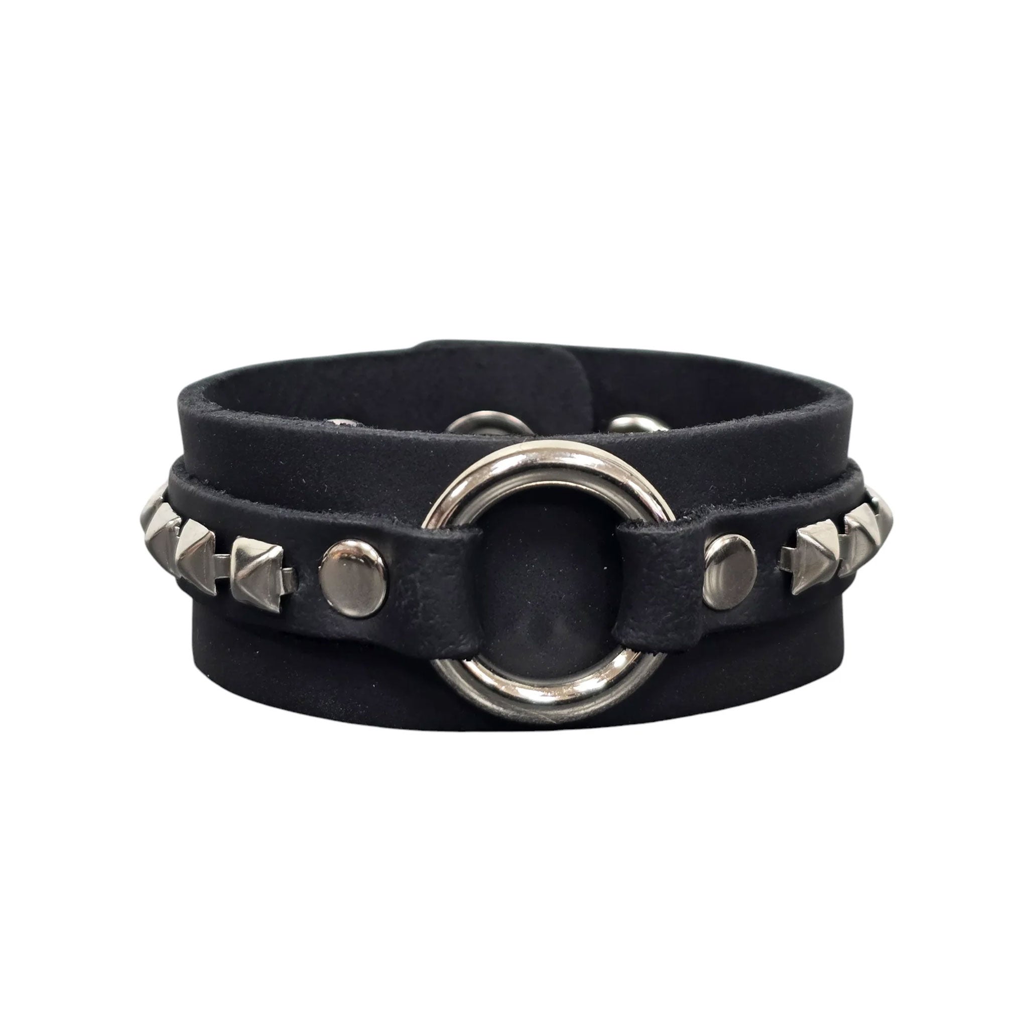 Leather vegan dual-layer double-layer wrist cuff wrist-cuff wristcuff bracelet middle centered central ring O-ring snap-button press-button studded geometric mini miniature alt-fashion fashion fetish punk goth gothic arm-gear accessories black pyramid 