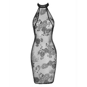 Polyester elastane tulle mesh transparent velvet dress midi-dress midi sheath sleeveless straps flocking flocked floral pattern neckholder hook-and-eye party holiday sexy sheer sultry black