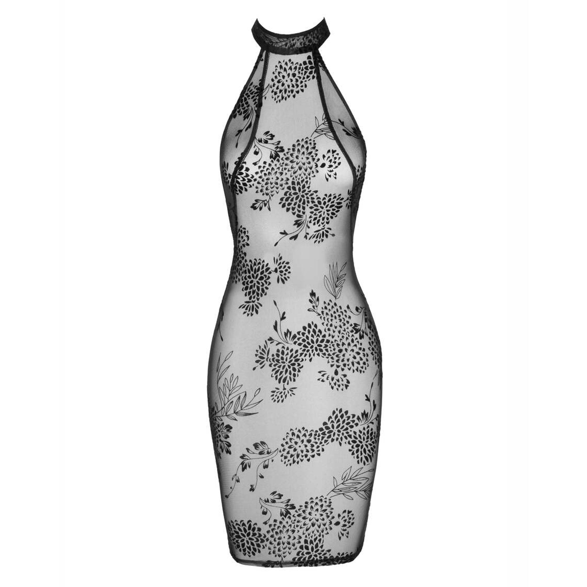 Polyester elastane tulle mesh transparent velvet dress midi-dress midi sheath sleeveless straps flocking flocked floral pattern neckholder hook-and-eye party holiday sexy sheer sultry black