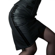 PVC vinyl softshell polyamide polyurethane elastane plastic apparel bottoms skirt pencil-skirt hip-trim ribbing future-rib high-waist zipper back-zip full-zip glamour glossy shiny matte smooth slim-fit modern seductive elegant lacquered fetish fashion alt-fashion alternative goth gothic cyber cyberpunk military eveningwear clubwear bondage bdsm bdsm-fashion kink kinky kinkwear costume cosplay halloween female femme feminine womens black