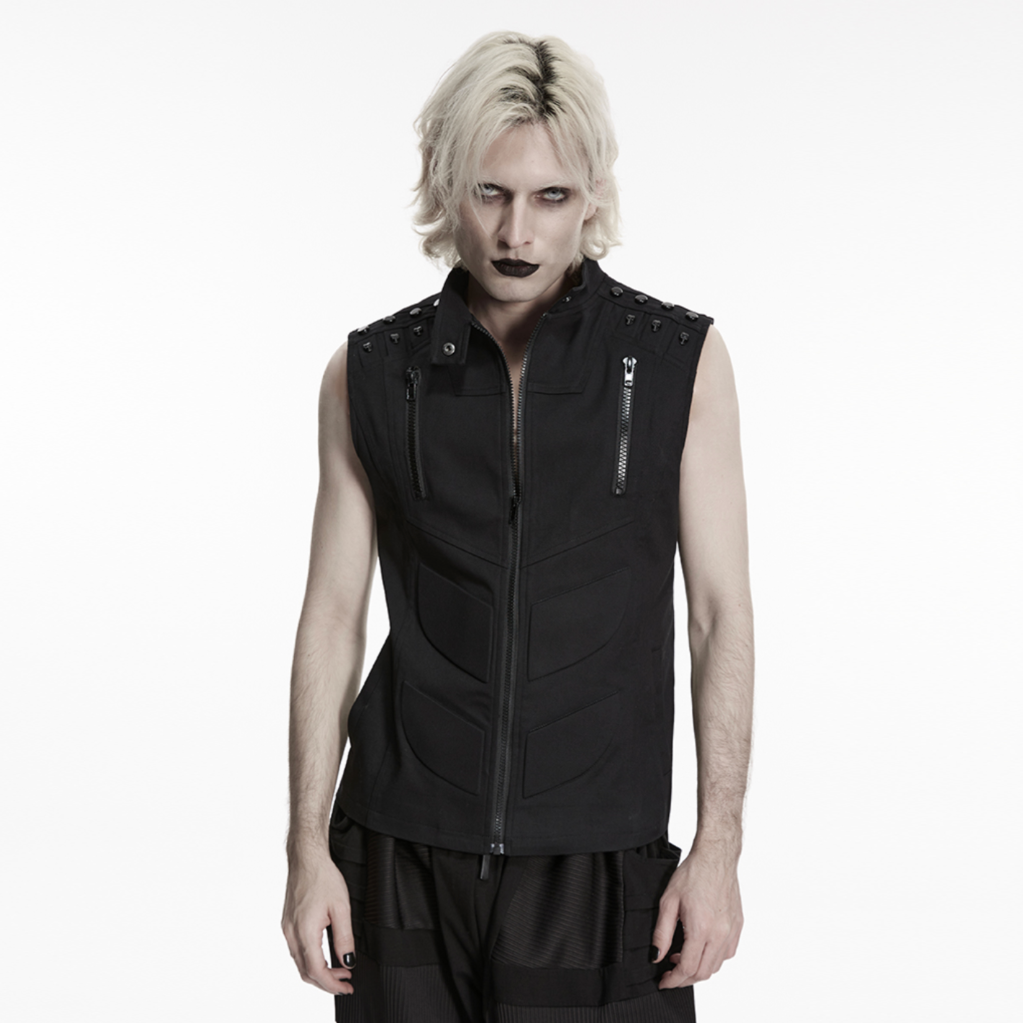 military style cyberpunk punk vest black zippered vest studded shoulders stand up collar 3d oblique segmentation lines gothic alternative fashion vest