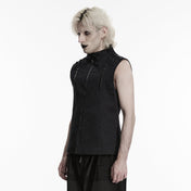 military style cyberpunk punk vest black zippered vest studded shoulders stand up collar 3d oblique segmentation lines gothic alternative fashion vest