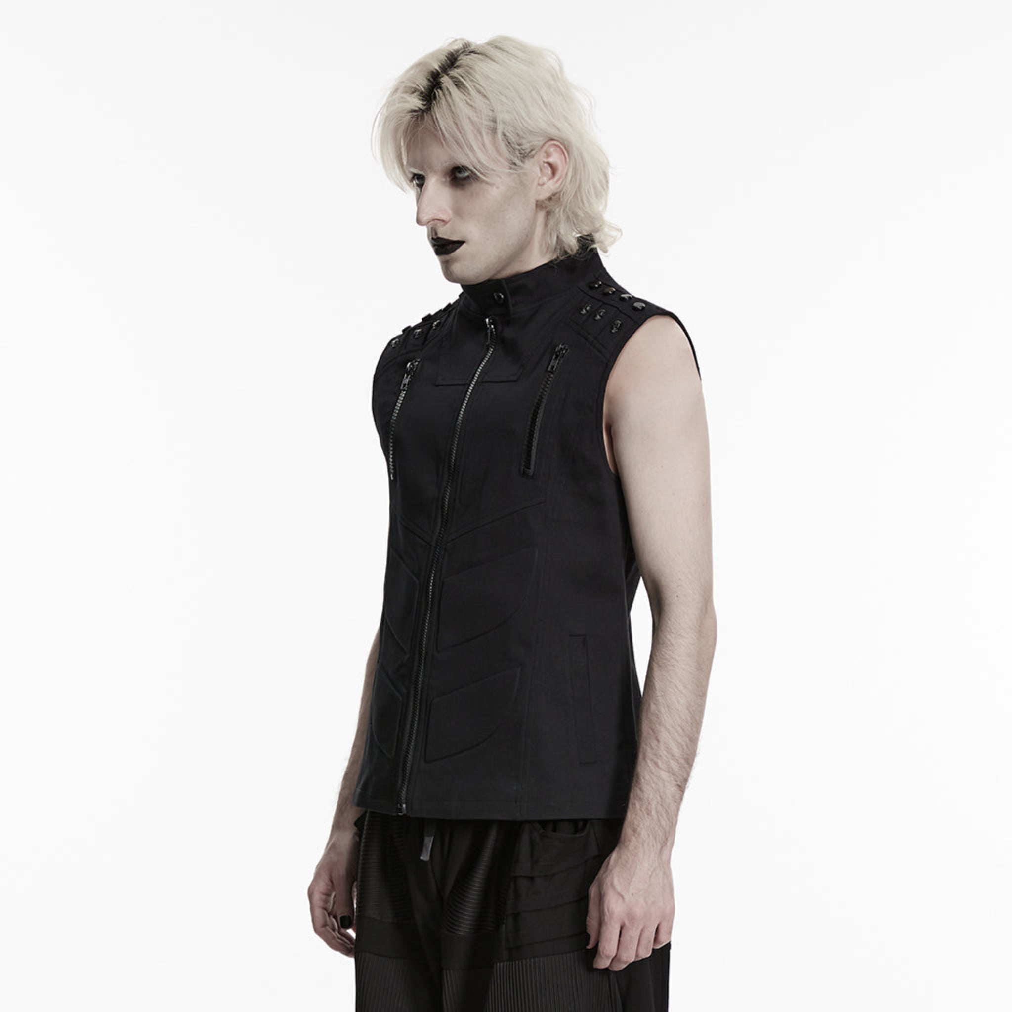 military style cyberpunk punk vest black zippered vest studded shoulders stand up collar 3d oblique segmentation lines gothic alternative fashion vest