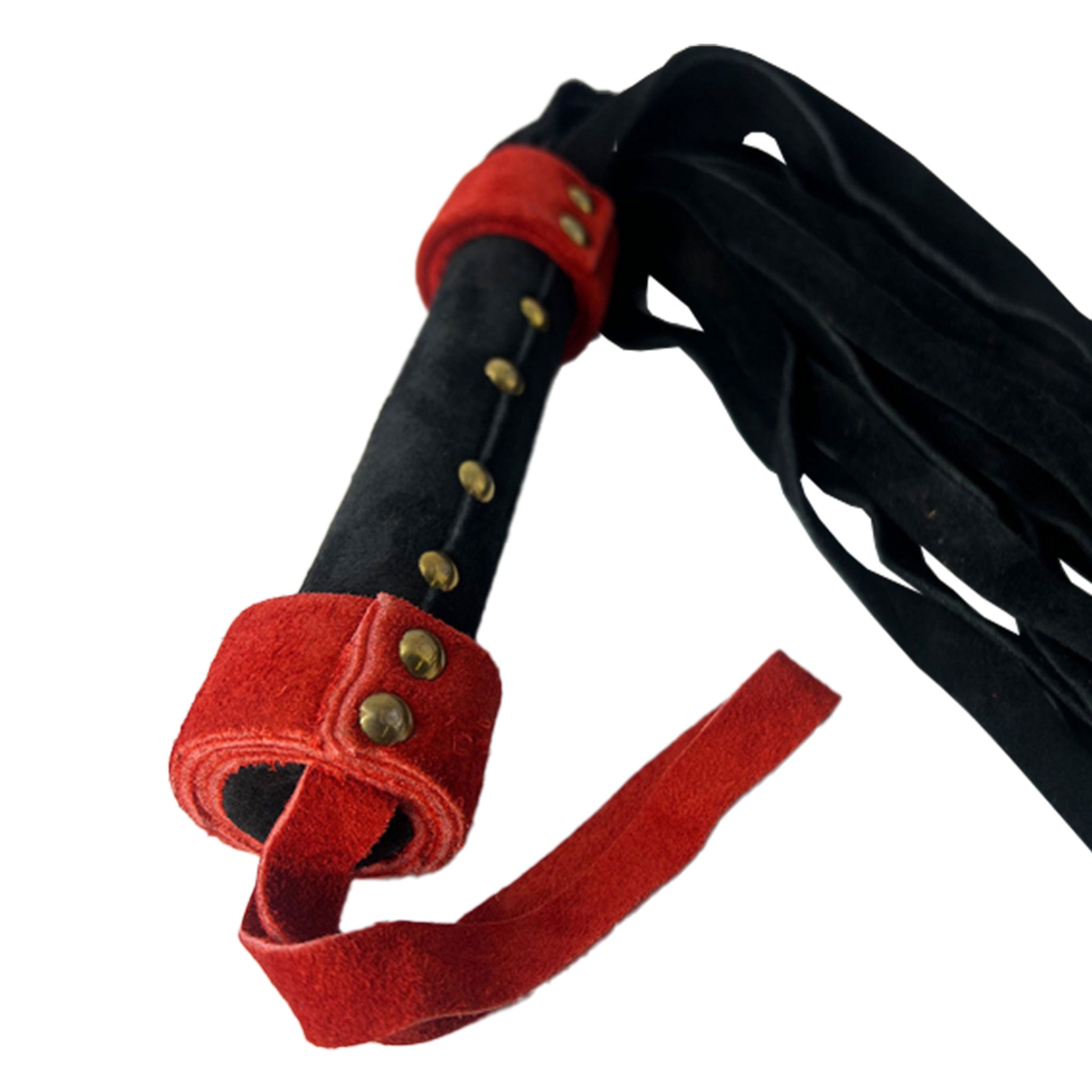 Leather suede cowhide cow hide cow-hide authentic soft flogger whip bondage bdsm sadism masochism sadomasochism impact impact-play impact-toys kink kinky kinky-play kinky-toys adult-toys black red