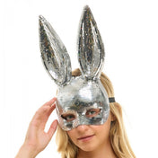 Plastic resin molded accessories mask half-mask anatomical rabbit-ears bunny-ears rigid mirror mosaic disco-ball foam-padding elastic-strap comfortable shiny reflective fetish fashion alt-fashion alternative rave ravewear raver-babe festivalwear new-years easter disco bondage bdsm bdsm-gear bdsm-fashion bdsm-toys kink kinky kinkwear kinky-play animal bunny rabbit pet pet-play costume cosplay halloween halloween-couture eyekndy unisex silver
