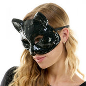 Plastic plastic-resin elastic-band mirror-tiles accessories mask pull-on cat-face feline-shaped disco-ball pointy-ears mysterious sparkling reflective sleek shimmering chic dramatic seductive comfortable fetish fashion alt-fashion alternative bedroom dungeon festivalwear masquerade party kink kinky kinkwear kinky-play animal pet-play cat kitty kitten costume cosplay halloween halloween-accessories unisex black
