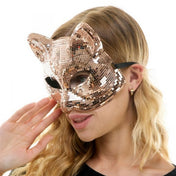 Plastic plastic-resin elastic-band mirror-tiles accessories mask pull-on cat-face feline-shaped disco-ball pointy-ears mysterious sparkling reflective sleek shimmering chic dramatic seductive comfortable fetish fashion alt-fashion alternative bedroom dungeon festivalwear masquerade party kink kinky kinkwear kinky-play animal pet-play cat kitty kitten costume cosplay halloween halloween-accessories unisex pink rose-gold