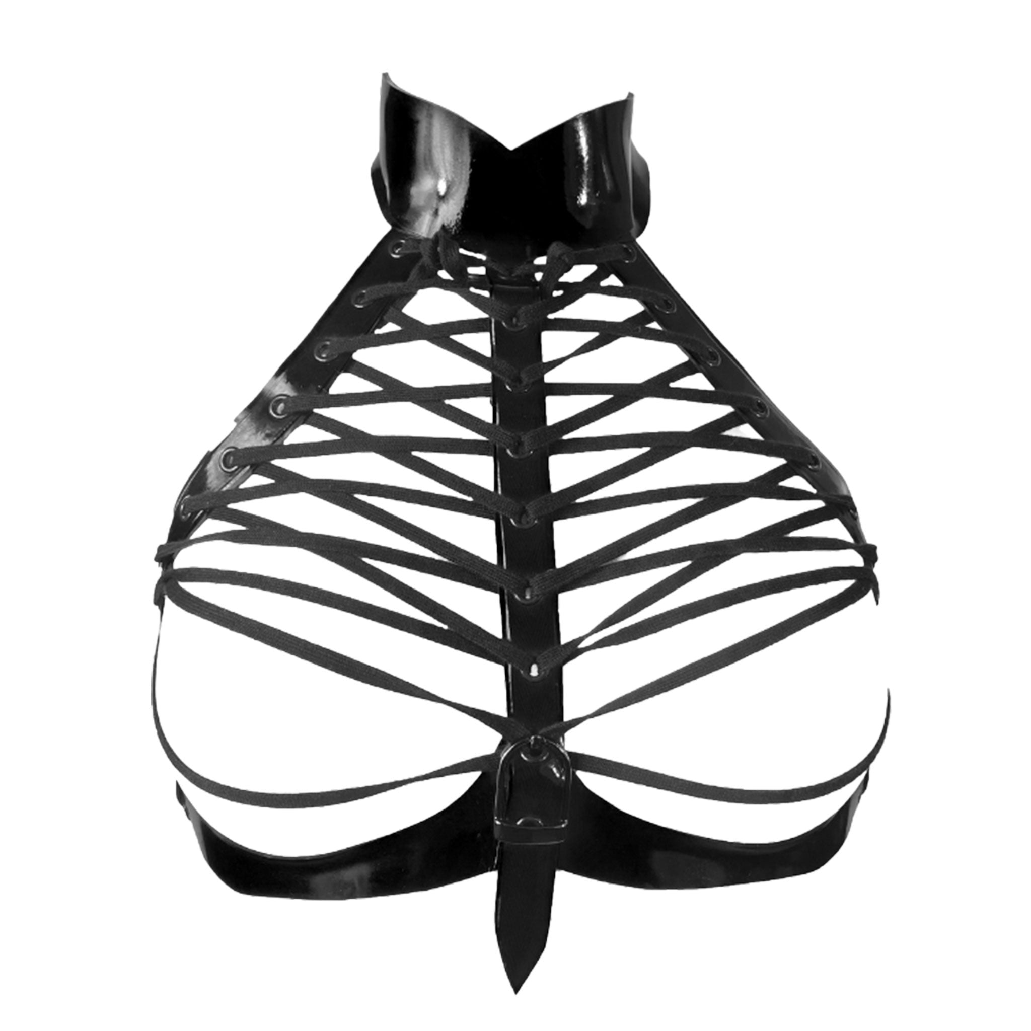 Latex rubber nylon-cording see-thru see-through apparel accessories top intimates lingerie latex-lingerie harness chest-harness choker collar lace-up adjustable buckle sternum-strap center-strap snap-button press-studs sexy skimpy shiny glossy fetish fashion alt-fashion alternative punk goth gothic cyber cyberpunk festival rave raver-babe dungeon bedroom bondage bdsm dominatrix-fashion kink kinky kinkwear exhibition costume cosplay halloween house-of-harlot female femme feminine womens black