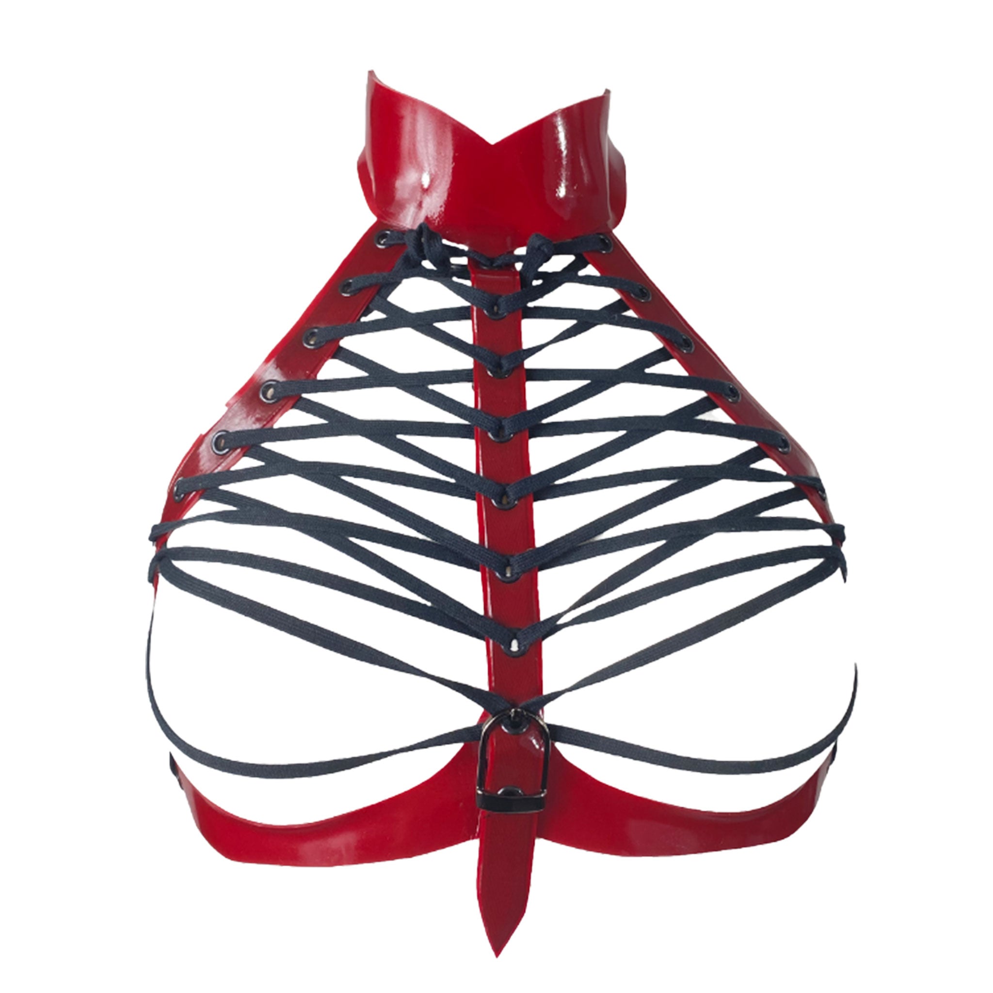 Latex rubber nylon-cording see-thru see-through apparel accessories top intimates lingerie latex-lingerie harness chest-harness choker collar lace-up adjustable buckle sternum-strap center-strap snap-button press-studs sexy skimpy shiny glossy fetish fashion alt-fashion alternative punk goth gothic cyber cyberpunk festival rave raver-babe dungeon bedroom bondage bdsm dominatrix-fashion kink kinky kinkwear exhibition costume cosplay halloween house-of-harlot female femme feminine womens red blood-red