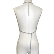 Metallic-chain cuban-link chainmail chain-mail mixed-chain hanging-chain draped-chain cable-chain apparel tops halter-top haltertop halter-dress croptop crop-top sleeveless adjustable lobster-clasp visual-movement edgy avant-garde fluid shiny sparkling bold architectural striking fetish fashion alt-fashion punk goth cyber gothic clubwear festivalwear costume cosplay halloween female femme feminine womens silver