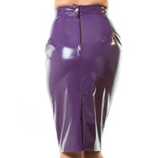 PVC vinyl apparel bottoms skirts miniskirt mini-skirt midi-skirt midiskirt pencil-skirt zipper back-zip half-zip sexy feisty classic figure-hugging shiny glossy fetish fashion alt-fashion bondage bdsm bdsm-fashion restraint hobbling costume cosplay halloween roleplay role-play secretary teacher female femme feminine womens purple