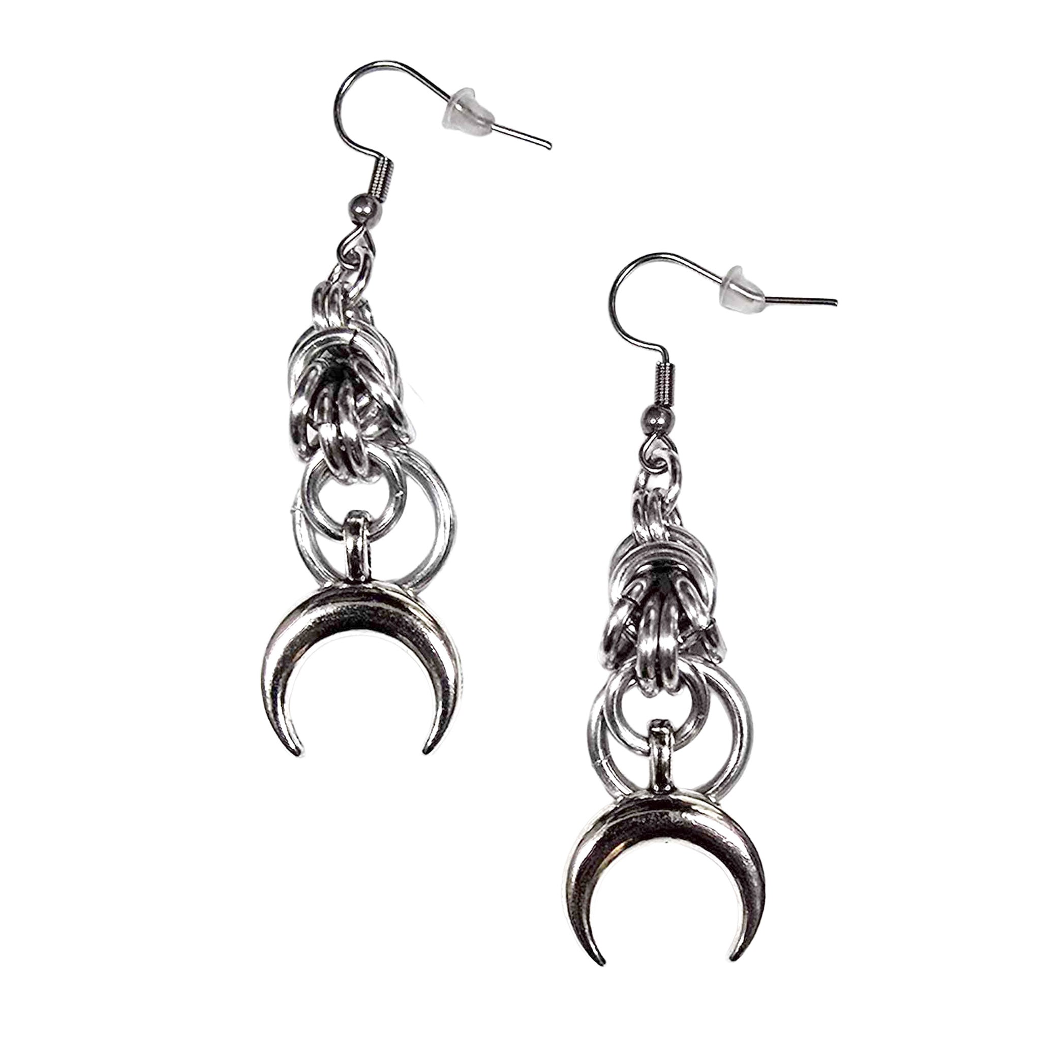 Aluminum bright-aluminum stainless-steel chainmail maille accessories jewelry earrings weave woven-pattern woven lightweight nickel-free allergy-free hypoallergenic dangly lunula moon-phase moonchild moon-child fashion alt-fashion celestial goth gothic boho bohemian boho-chic hippie festival viking nordic medieval rocker punk emo biker celtic celt witch stylish trendy fairy casual fantasy mermaid vampire party date-night club clubwear going-out holiday gifts female femme feminine womens silver