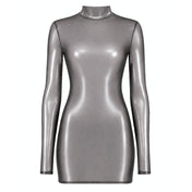 Tulle mesh sheer see-thru transparent polyester elastane apparel dress mini-dress long-sleeve high-collar open-back back-cutout hook-and-eye back-closure shiny glossy stretchy metallic dramatic fitted latex-look silver-foil foil-coating fashion alt-fashion alternative cyber futuristic eveningwear party-girl rave raver-babe kink kinky kinkwear costume cosplay halloween noir-collection female femme feminine womens silver transparent-smoke 