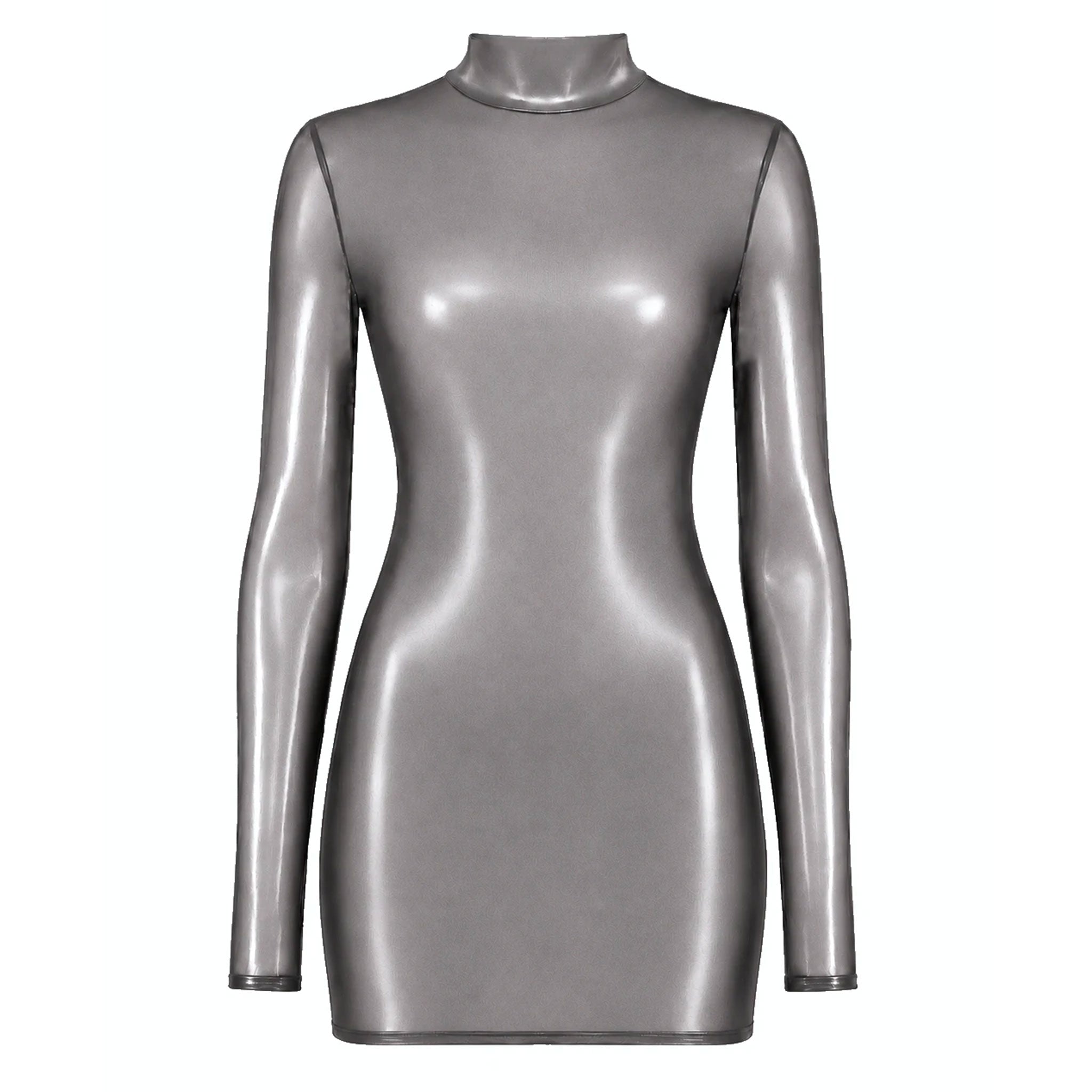 Tulle mesh sheer see-thru transparent polyester elastane apparel dress mini-dress long-sleeve high-collar open-back back-cutout hook-and-eye back-closure shiny glossy stretchy metallic dramatic fitted latex-look silver-foil foil-coating fashion alt-fashion alternative cyber futuristic eveningwear party-girl rave raver-babe kink kinky kinkwear costume cosplay halloween noir-collection female femme feminine womens silver transparent-smoke 