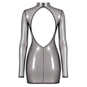 Tulle mesh sheer see-thru transparent polyester elastane apparel dress mini-dress long-sleeve high-collar open-back back-cutout hook-and-eye back-closure shiny glossy stretchy metallic dramatic fitted latex-look silver-foil foil-coating fashion alt-fashion alternative cyber futuristic eveningwear party-girl rave raver-babe kink kinky kinkwear costume cosplay halloween noir-collection female femme feminine womens silver transparent-smoke 
