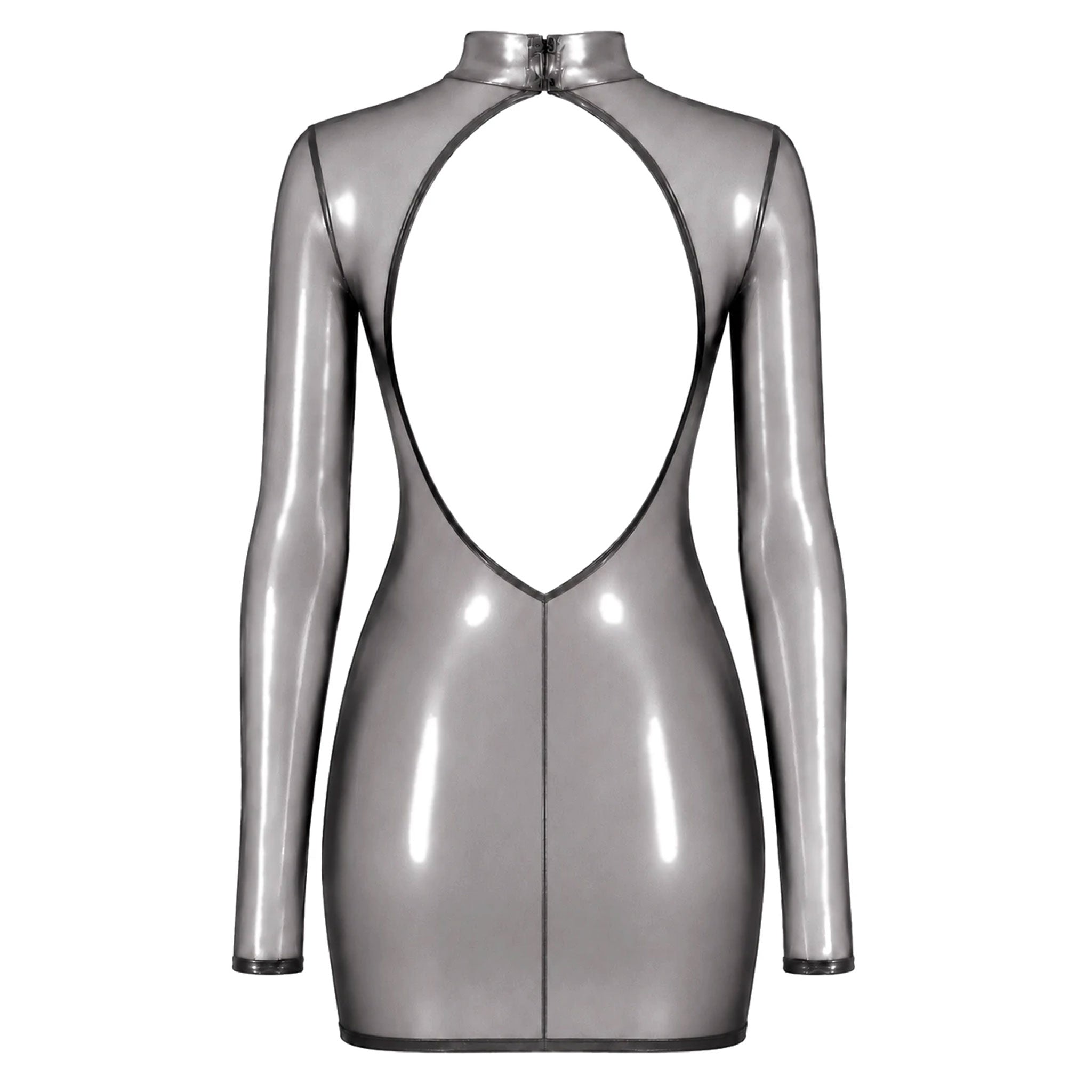 Tulle mesh sheer see-thru transparent polyester elastane apparel dress mini-dress long-sleeve high-collar open-back back-cutout hook-and-eye back-closure shiny glossy stretchy metallic dramatic fitted latex-look silver-foil foil-coating fashion alt-fashion alternative cyber futuristic eveningwear party-girl rave raver-babe kink kinky kinkwear costume cosplay halloween noir-collection female femme feminine womens silver transparent-smoke 