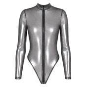 Tulle mesh sheer see-thru transparent polyester elastane apparel one-piece intimates bodysuit long-sleeve sleeves sleeved thong-back high-cut zipper front-zip hidden-zip zip-thru 3-way adjustable shiny silver-foil glossy stretchy latex-look fetish fashion alt-fashion alternative punk cyber festival rave raver-babe clubbing clubwear bondage bdsm bdsm-fashion kink kinky kinkwear costume cosplay halloween noir-collection female femme feminine womens silver transparent-smoke