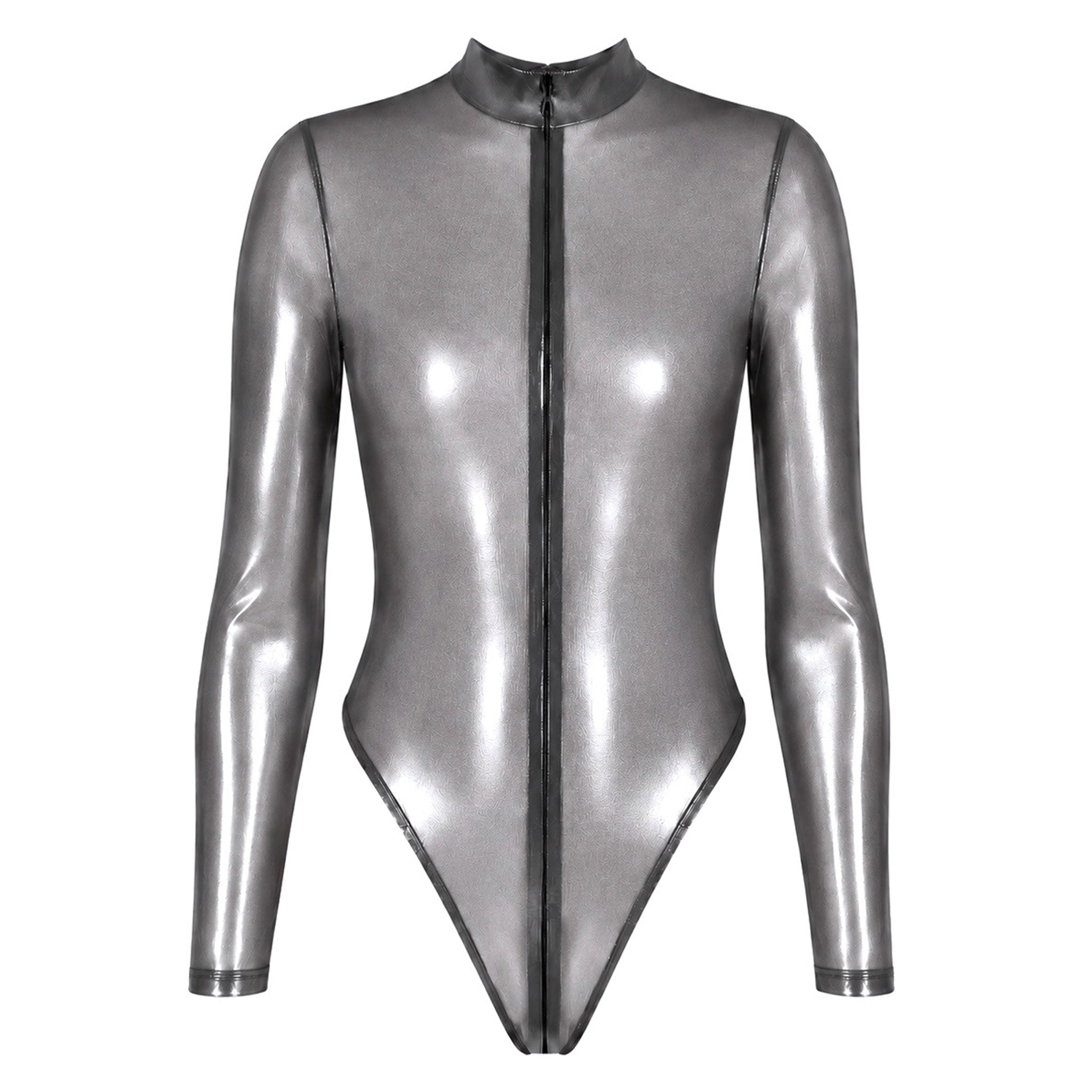 Tulle mesh sheer see-thru transparent polyester elastane apparel one-piece intimates bodysuit long-sleeve sleeves sleeved thong-back high-cut zipper front-zip hidden-zip zip-thru 3-way adjustable shiny silver-foil glossy stretchy latex-look fetish fashion alt-fashion alternative punk cyber festival rave raver-babe clubbing clubwear bondage bdsm bdsm-fashion kink kinky kinkwear costume cosplay halloween noir-collection female femme feminine womens silver transparent-smoke