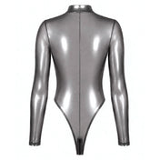 Tulle mesh sheer see-thru transparent polyester elastane apparel one-piece intimates bodysuit long-sleeve sleeves sleeved thong-back high-cut zipper front-zip hidden-zip zip-thru 3-way adjustable shiny silver-foil glossy stretchy latex-look fetish fashion alt-fashion alternative punk cyber festival rave raver-babe clubbing clubwear bondage bdsm bdsm-fashion kink kinky kinkwear costume cosplay halloween noir-collection female femme feminine womens silver transparent-smoke