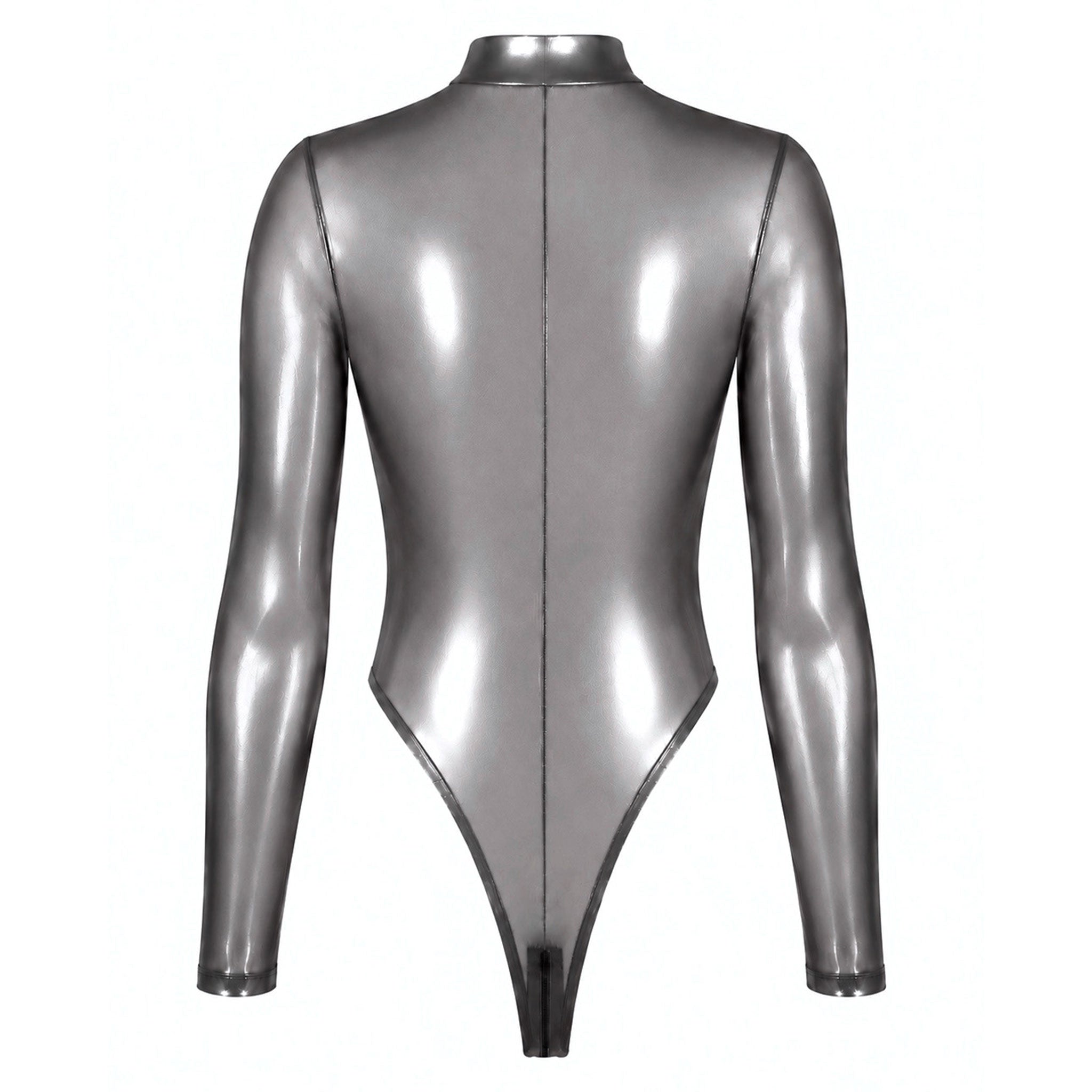 Tulle mesh sheer see-thru transparent polyester elastane apparel one-piece intimates bodysuit long-sleeve sleeves sleeved thong-back high-cut zipper front-zip hidden-zip zip-thru 3-way adjustable shiny silver-foil glossy stretchy latex-look fetish fashion alt-fashion alternative punk cyber festival rave raver-babe clubbing clubwear bondage bdsm bdsm-fashion kink kinky kinkwear costume cosplay halloween noir-collection female femme feminine womens silver transparent-smoke