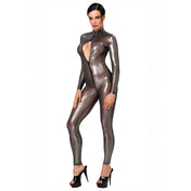 Tulle mesh sheer see-thru transparent polyester elastane apparel one-piece intimate lingerie catsuit long-sleeve sleeves sleeved long-leg full-body high-collar foil-coating zipper front-zip hidden-zip full-zip zip-thru 3-way sexy shiny latex-look close-fitting reflective fitted uniform roleplay role-play space-babe spaceman astronaut cosmonaut alien costume cosplay halloween noir-collection female femmme feminine womens unisex silver transparent-smoke