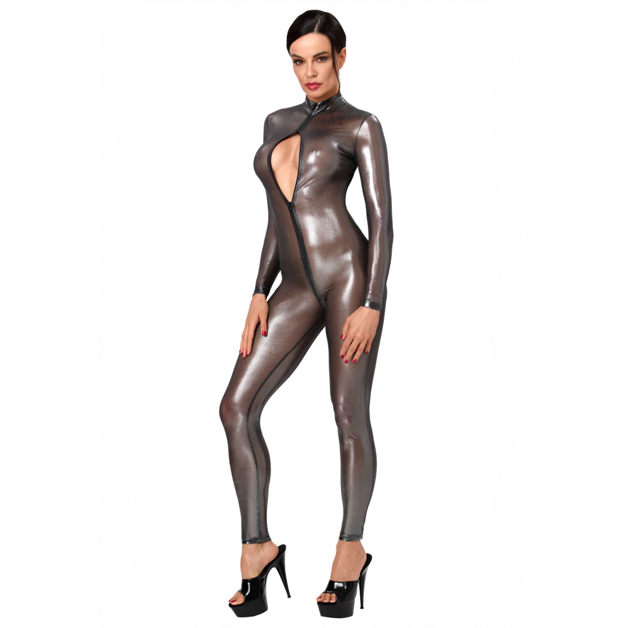 Tulle mesh sheer see-thru transparent polyester elastane apparel one-piece intimate lingerie catsuit long-sleeve sleeves sleeved long-leg full-body high-collar foil-coating zipper front-zip hidden-zip full-zip zip-thru 3-way sexy shiny latex-look close-fitting reflective fitted uniform roleplay role-play space-babe spaceman astronaut cosmonaut alien costume cosplay halloween noir-collection female femmme feminine womens unisex silver transparent-smoke