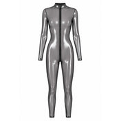 Tulle mesh sheer see-thru transparent polyester elastane apparel one-piece intimate lingerie catsuit long-sleeve sleeves sleeved long-leg full-body high-collar foil-coating zipper front-zip hidden-zip full-zip zip-thru 3-way sexy shiny latex-look close-fitting reflective fitted uniform roleplay role-play space-babe spaceman astronaut cosmonaut alien costume cosplay halloween noir-collection female femmme feminine womens unisex silver transparent-smoke