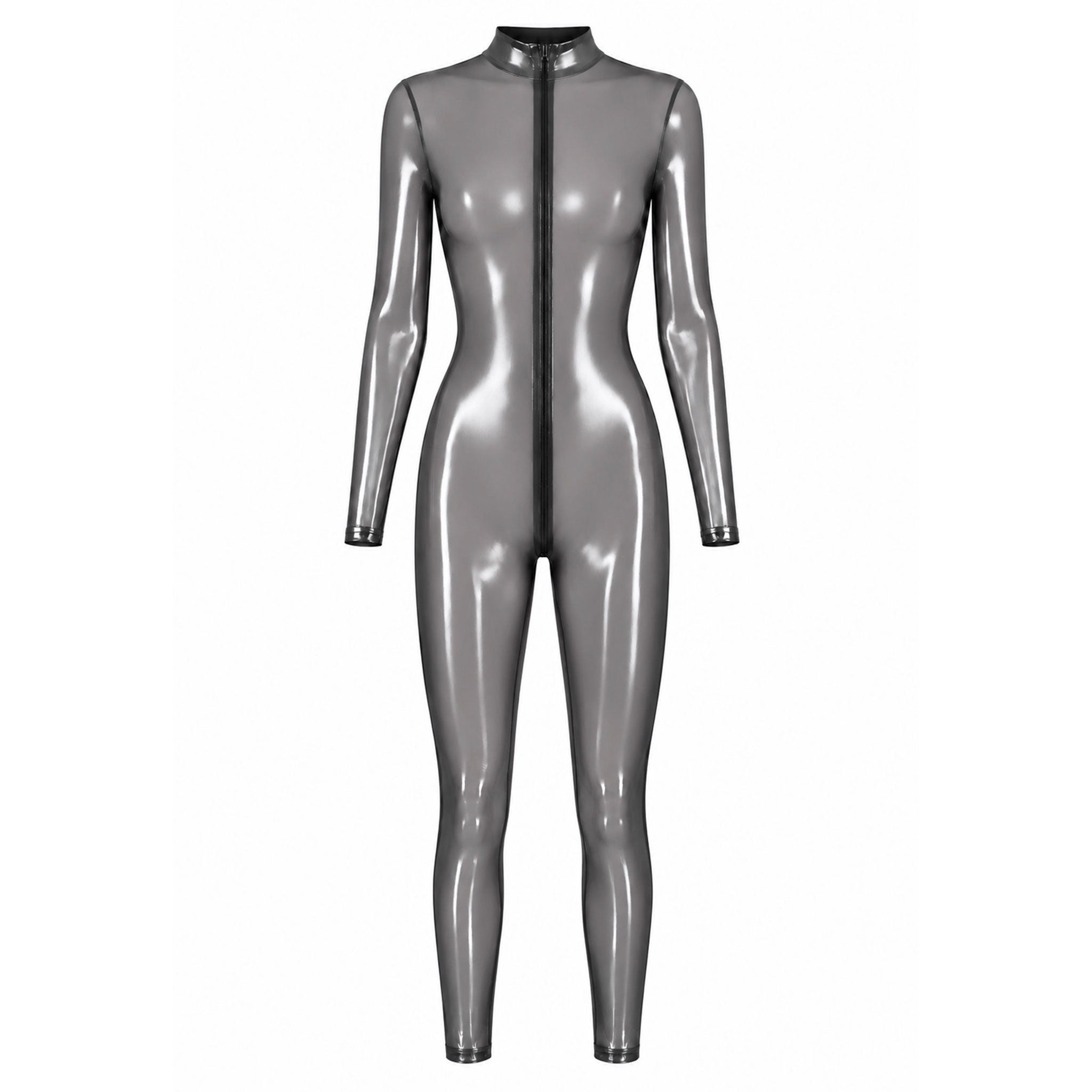 Tulle mesh sheer see-thru transparent polyester elastane apparel one-piece intimate lingerie catsuit long-sleeve sleeves sleeved long-leg full-body high-collar foil-coating zipper front-zip hidden-zip full-zip zip-thru 3-way sexy shiny latex-look close-fitting reflective fitted uniform roleplay role-play space-babe spaceman astronaut cosmonaut alien costume cosplay halloween noir-collection female femmme feminine womens unisex silver transparent-smoke