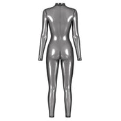 Tulle mesh sheer see-thru transparent polyester elastane apparel one-piece intimate lingerie catsuit long-sleeve sleeves sleeved long-leg full-body high-collar foil-coating zipper front-zip hidden-zip full-zip zip-thru 3-way sexy shiny latex-look close-fitting reflective fitted uniform roleplay role-play space-babe spaceman astronaut cosmonaut alien costume cosplay halloween noir-collection female femmme feminine womens unisex silver transparent-smoke