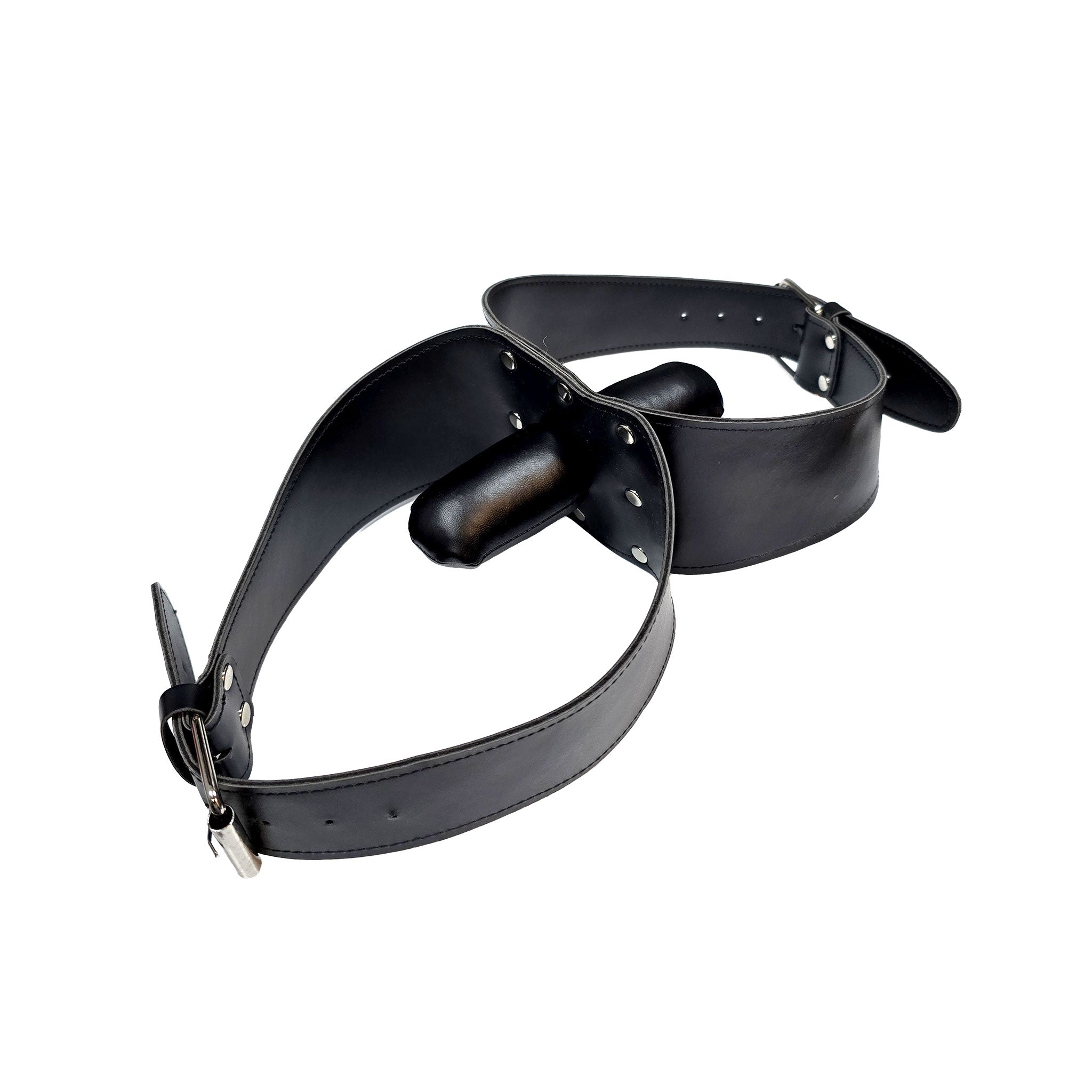 Leather faux-leather accessories gag mouth-gag padded-gag padded-wedge wedge-gag double-gag neck-band mouth-to-mouth face-to-face adjustable buckle soft unique fetish fashion alt-fashion alternative bedroom dungeon festival bondage bdsm bdsm-toys bdsm-gear kink kinky kinky-toys kinky-play sub submissive restraints costume cosplay halloween adult-toys unisex black