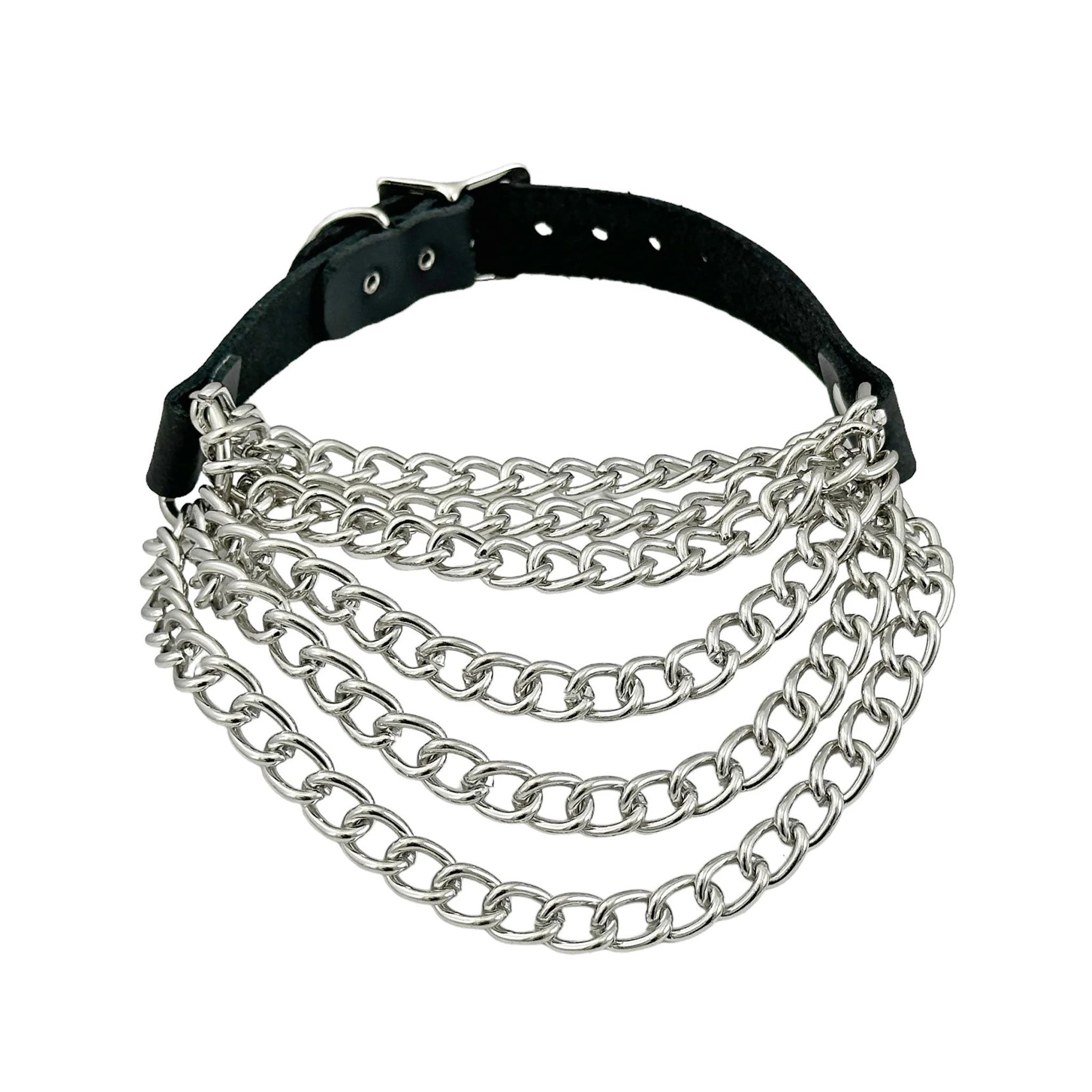 Leather vegan-leather hanging-chains accessories necklace choker collar multi-layer D-ring adjustable buckle fashion alt-fashion alternative rock punk goth gothic costume cosplay halloween halloween-couture halloween-lookbook unisex silver